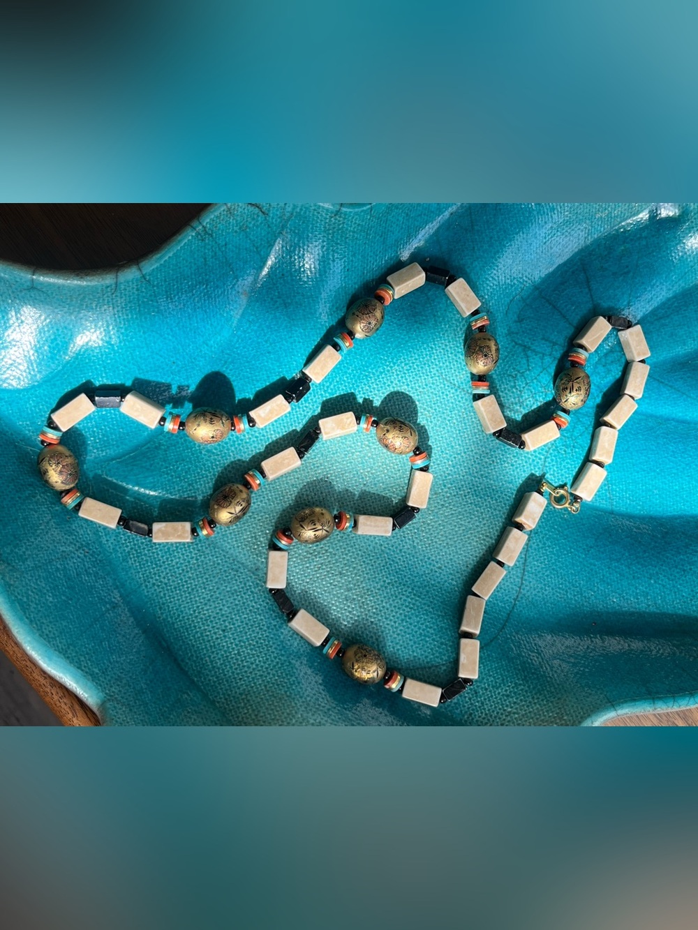 Vintage Japan Handcrafted Multicolor Beaded Necklace with Ceramic & Wood Beads